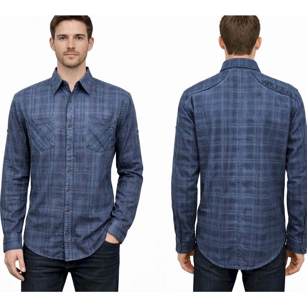 Affliction Black Premium Shirt Blue Plaid Long Roll tab Sleeves Dual Pockets L